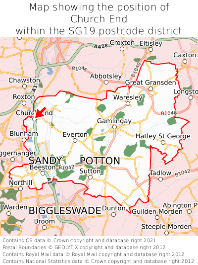 Map showing location of Church End within SG19