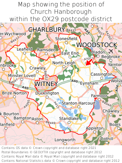 Map showing location of Church Hanborough within OX29
