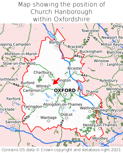 Map showing location of Church Hanborough within Oxfordshire