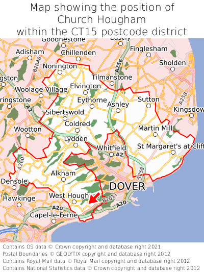 Map showing location of Church Hougham within CT15