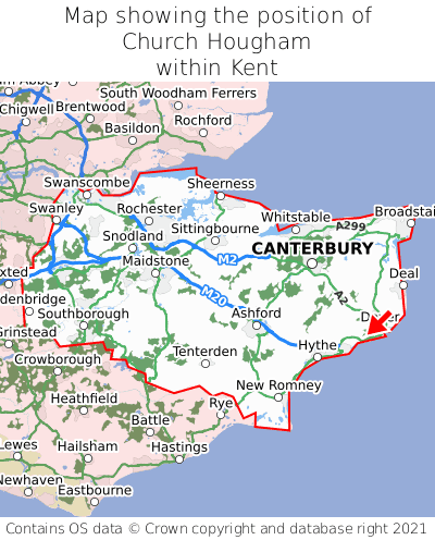 Map showing location of Church Hougham within Kent