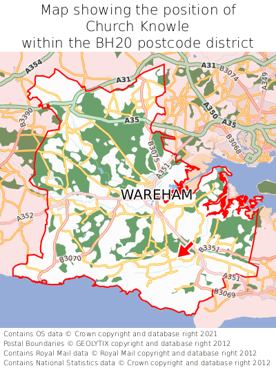 Map showing location of Church Knowle within BH20