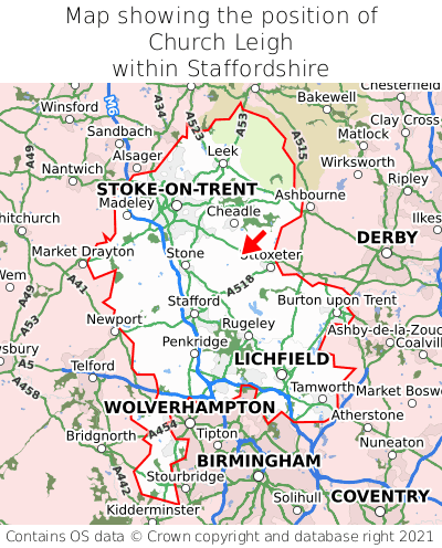 Map showing location of Church Leigh within Staffordshire
