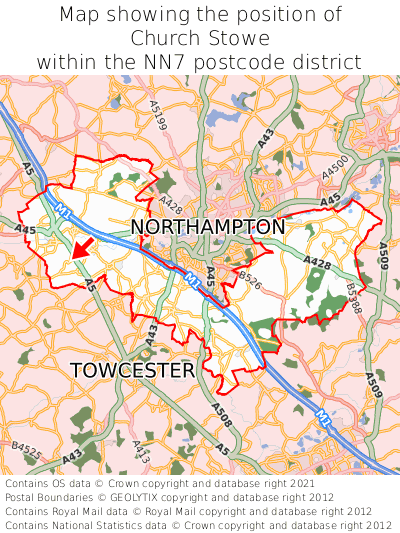 Map showing location of Church Stowe within NN7