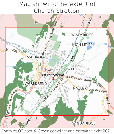 Map showing extent of Church Stretton as bounding box