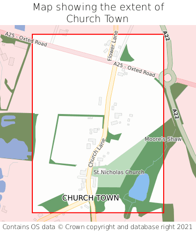 Map showing extent of Church Town as bounding box
