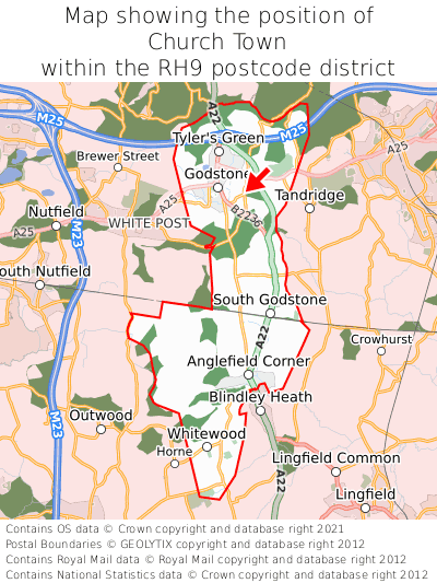 Map showing location of Church Town within RH9