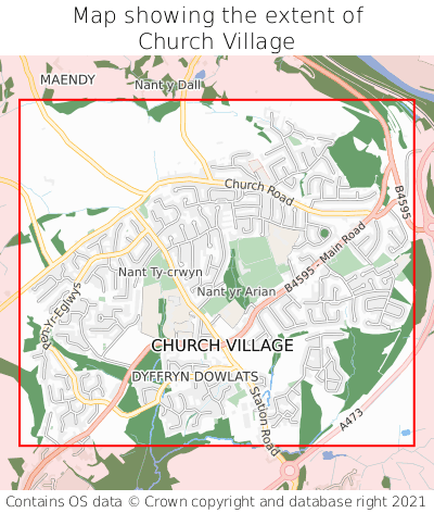 Map showing extent of Church Village as bounding box