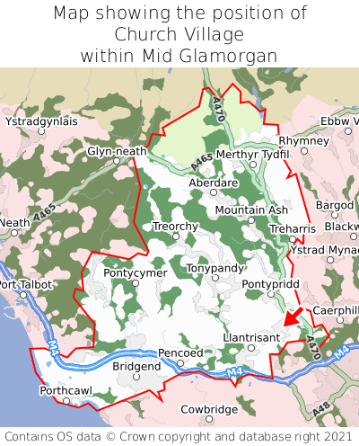Map showing location of Church Village within Mid Glamorgan