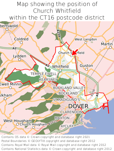Map showing location of Church Whitfield within CT16