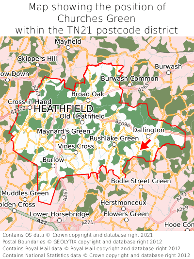 Map showing location of Churches Green within TN21