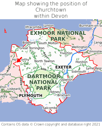 Map showing location of Churchtown within Devon