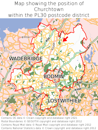 Map showing location of Churchtown within PL30