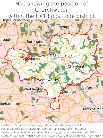 Map showing location of Churchwater within EX18