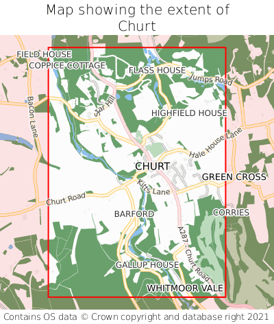 Map showing extent of Churt as bounding box