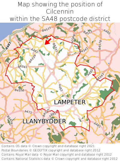 Map showing location of Cilcennin within SA48