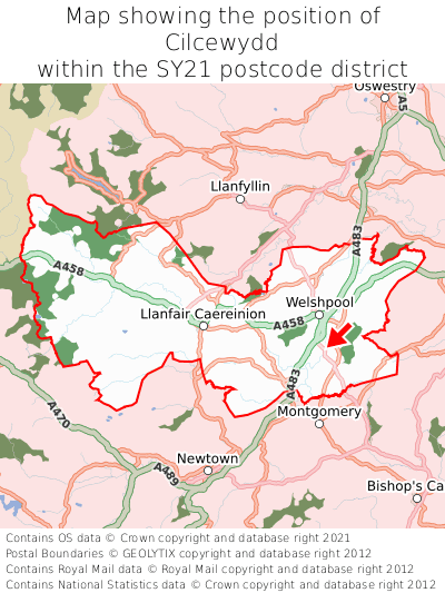 Map showing location of Cilcewydd within SY21