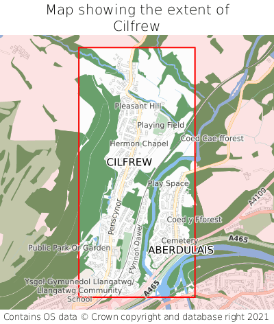 Map showing extent of Cilfrew as bounding box