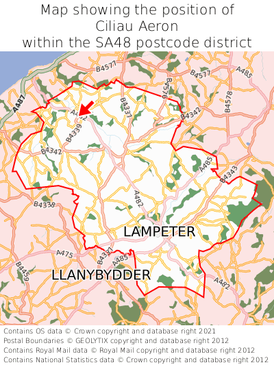 Map showing location of Ciliau Aeron within SA48