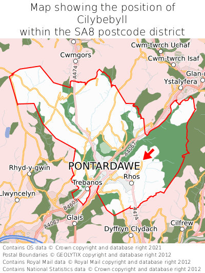 Map showing location of Cilybebyll within SA8