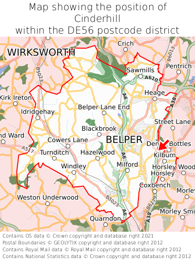 Map showing location of Cinderhill within DE56