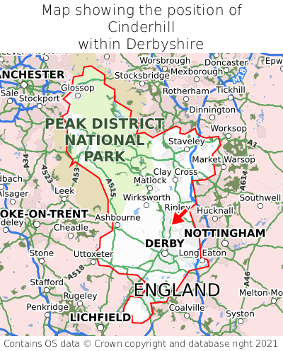 Map showing location of Cinderhill within Derbyshire