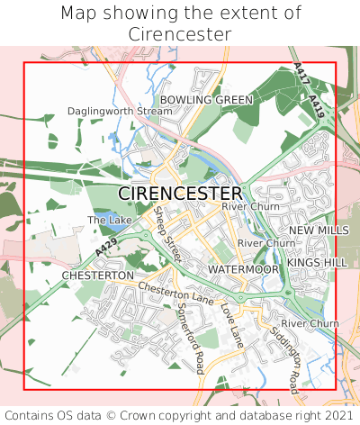 Map showing extent of Cirencester as bounding box