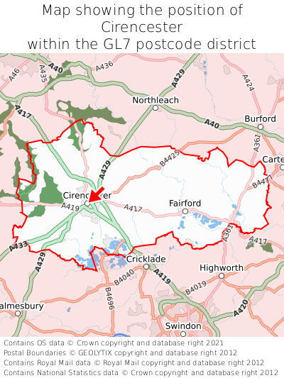 Map showing location of Cirencester within GL7