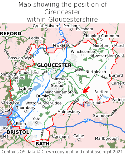 Map showing location of Cirencester within Gloucestershire