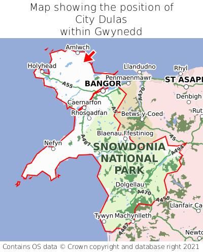 Map showing location of City Dulas within Gwynedd