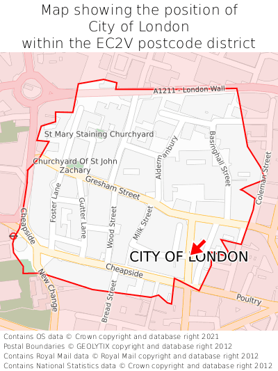 Map showing location of City of London within EC2V