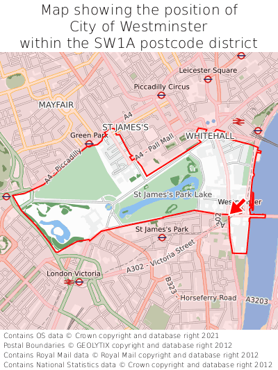 Map showing location of City of Westminster within SW1A