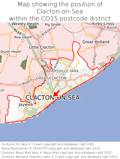 Map showing location of Clacton-on-Sea within CO15