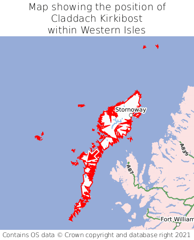 Map showing location of Claddach Kirkibost within Western Isles