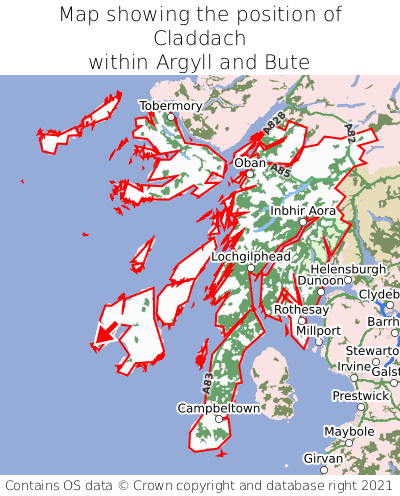 Map showing location of Claddach within Argyll and Bute