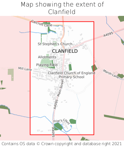 Map showing extent of Clanfield as bounding box