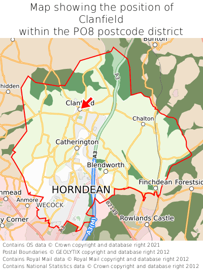 Map showing location of Clanfield within PO8