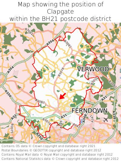 Map showing location of Clapgate within BH21