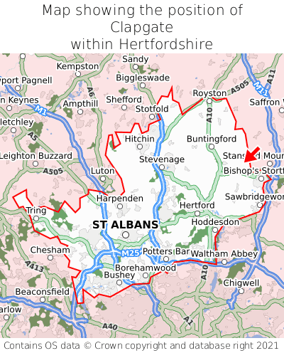 Map showing location of Clapgate within Hertfordshire