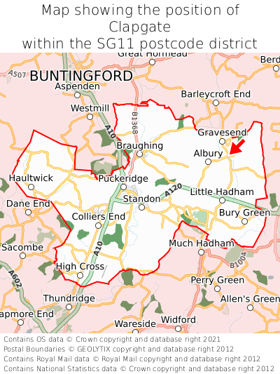Map showing location of Clapgate within SG11