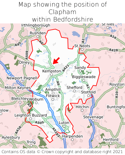 Map showing location of Clapham within Bedfordshire