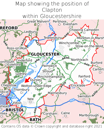 Map showing location of Clapton within Gloucestershire