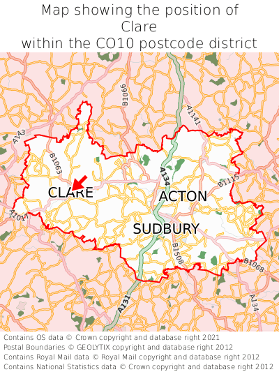 Map showing location of Clare within CO10