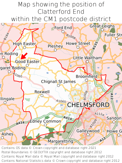 Map showing location of Clatterford End within CM1