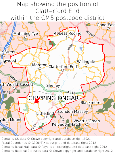 Map showing location of Clatterford End within CM5