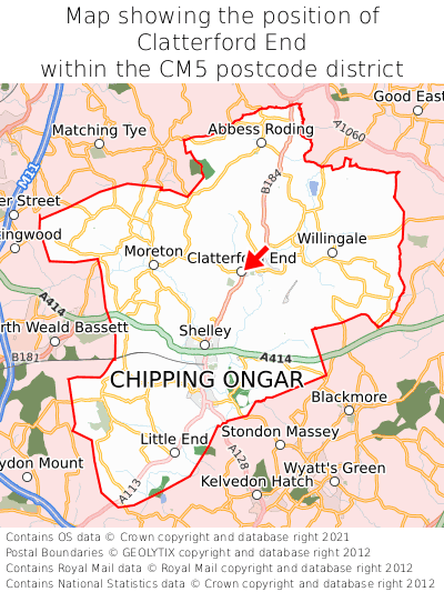 Map showing location of Clatterford End within CM5