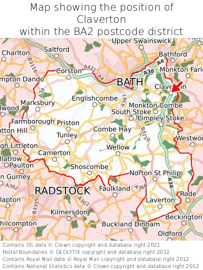 Map showing location of Claverton within BA2
