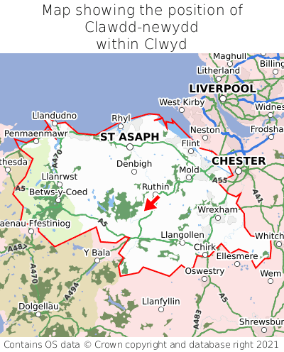 Map showing location of Clawdd-newydd within Clwyd