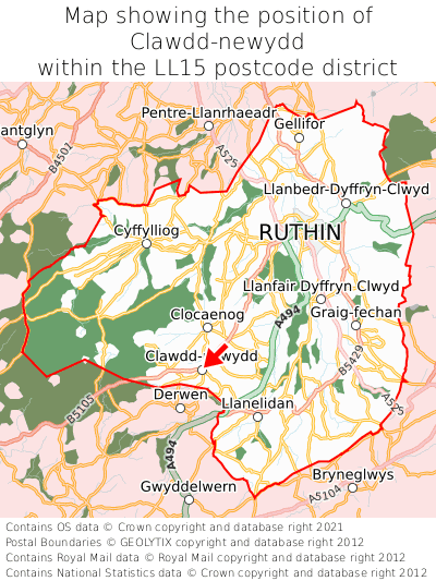 Map showing location of Clawdd-newydd within LL15