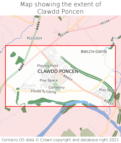 Map showing extent of Clawdd Poncen as bounding box